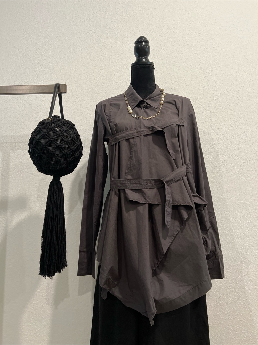 Asymmetrical Dark Gray Button-Down Wrap Blouse